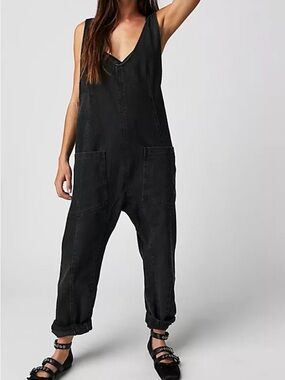 We The Free Black Relaxed Denim Overalls Jumpsuit